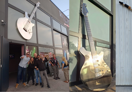 Una guitarra gigante de acero, rock y decibelios de Ford Mustang y Harley Davidson