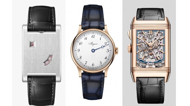 Cuadrados y redondos: Tank à Guichets de Cartier (67.000€), Classique Souscription 2025 de Breguet 53.200€ y Reverso Tribute Minute Repeater de Jaeger LeCoultre (333.000€)